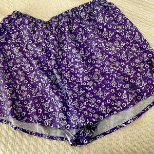 Womens workout shorts, built in underwear, key pocket, elastic waist.